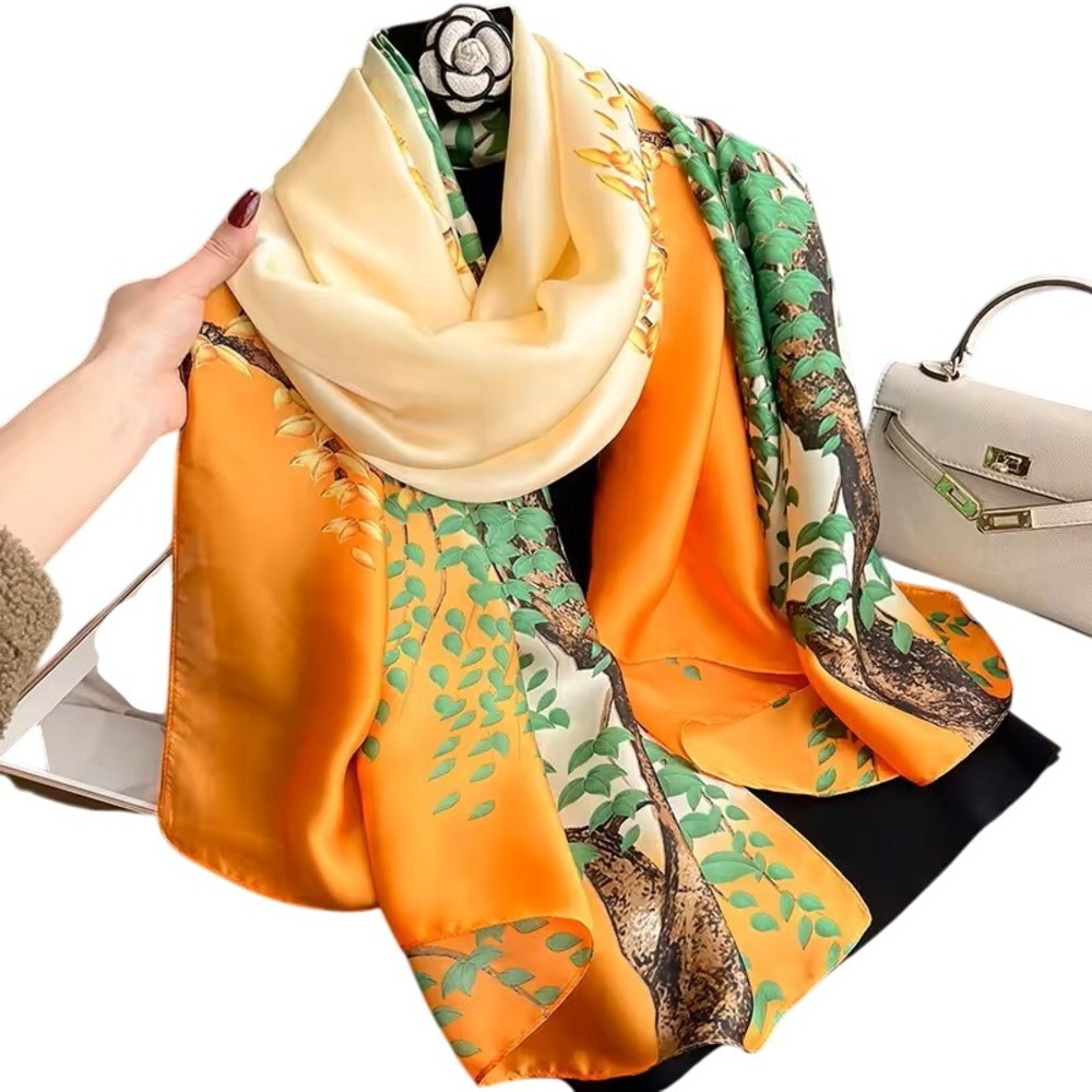 Silk Feel Scarf Wrap Shawl, Trees Botanical Print Lightweight Soft